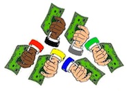  Several hands giving dollars to several projects.